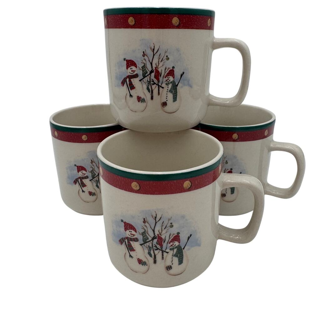 Set/4 Royal Season Coffee Mugs Stoneware Snowman Winter Christmas Dishes